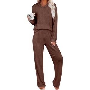 imageANRABESS Womens 2 Piece Lounge Pajama Sets Ribbed Knit Long Sleeve Hoodies Tops Matching Pants Casual Fall Sleepwear OutfitsBrown
