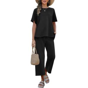 imageANRABESS Womens 2 Piece Outfits 34 Batwing Sleeve Top Wide Leg Crop Pants Sets 2025 Summer Beach Travel Lounge Set ClothesBlack