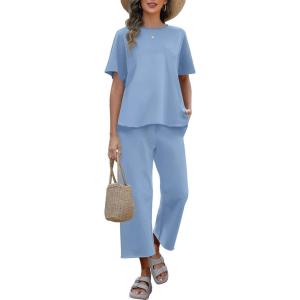 imageANRABESS Womens 2 Piece Outfits 34 Batwing Sleeve Top Wide Leg Crop Pants Sets 2025 Summer Beach Travel Lounge Set ClothesBlue
