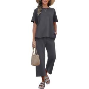 imageANRABESS Womens 2 Piece Outfits 34 Batwing Sleeve Top Wide Leg Crop Pants Sets 2025 Summer Beach Travel Lounge Set ClothesDark Gray