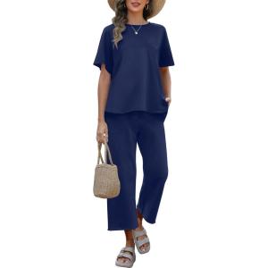 imageANRABESS Womens 2 Piece Outfits 34 Batwing Sleeve Top Wide Leg Crop Pants Sets 2025 Summer Beach Travel Lounge Set ClothesNavy