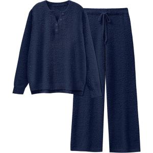 imageANRABESS Womens Pajama Fuzzy Fleece 2 Piece Long Sleeve Top Wide Leg Pants Lounge Matching Pj Sets 2025 Fall Winter OutfitsNavy Blue