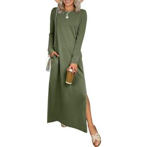 imageANRABESS Women Long Sleeve Dresses 2025 Fall Casual Crewneck Loose Fit Split Flowy WrinkleFree Travel Vacation Maxi DressArmy Green