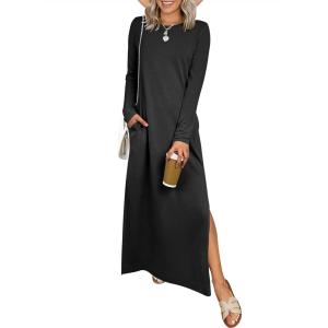 imageANRABESS Women Long Sleeve Dresses 2025 Fall Casual Crewneck Loose Fit Split Flowy WrinkleFree Travel Vacation Maxi DressBlack