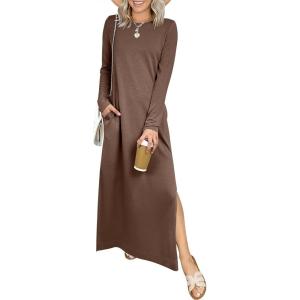 imageANRABESS Women Long Sleeve Dresses 2025 Fall Casual Crewneck Loose Fit Split Flowy WrinkleFree Travel Vacation Maxi DressBrown