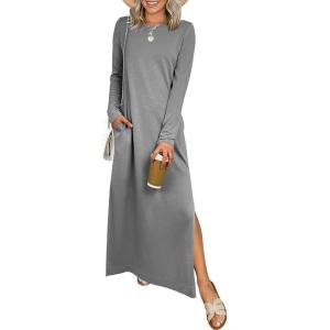 imageANRABESS Women Long Sleeve Dresses 2025 Fall Casual Crewneck Loose Fit Split Flowy WrinkleFree Travel Vacation Maxi DressGrey
