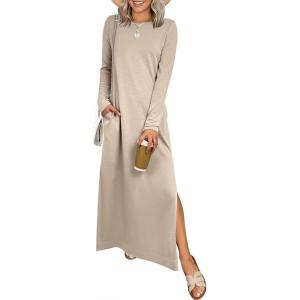 imageANRABESS Women Long Sleeve Dresses 2025 Fall Casual Crewneck Loose Fit Split Flowy WrinkleFree Travel Vacation Maxi DressKhaki
