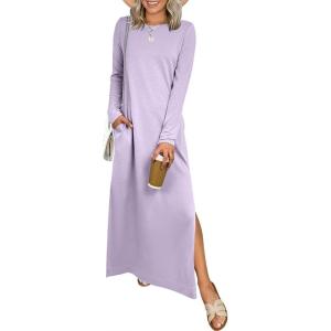 imageANRABESS Women Long Sleeve Dresses 2025 Fall Casual Crewneck Loose Fit Split Flowy WrinkleFree Travel Vacation Maxi DressLight Purple