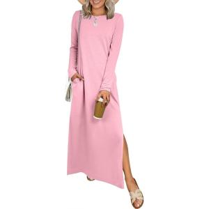 imageANRABESS Women Long Sleeve Dresses 2025 Fall Casual Crewneck Loose Fit Split Flowy WrinkleFree Travel Vacation Maxi DressPink