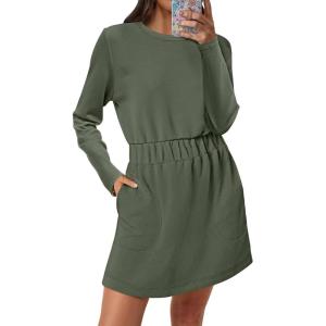 imageANRABESS Womens Long Sleeve Dress 2025 Fall Casual Elastic Waist Short Mini T Shirt Dresses with Pockets Travel OutfitsArmy Green