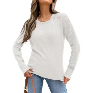 imageANRABESS Womens Long Sleeve Sweaters Wool Blend Crew Neck Hollow Out Business Casual Work Tops 2025 Fall OutfitsWhite