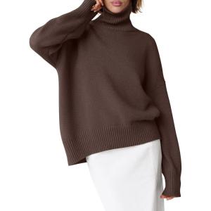 imageANRABESS Womens Turtleneck Sweaters Long Sleeve Oversized Chunky Knit High Low Hem Pullover Sweater Top 2025 Fall OutfitsChocola
