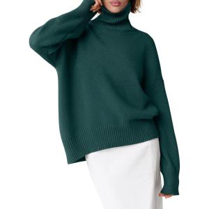 imageANRABESS Womens Turtleneck Sweaters Long Sleeve Oversized Chunky Knit High Low Hem Pullover Sweater Top 2025 Fall OutfitsDark Green