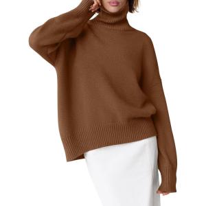 imageANRABESS Womens Turtleneck Sweaters Long Sleeve Oversized Chunky Knit High Low Hem Pullover Sweater Top 2025 Fall OutfitsDeep Caramel