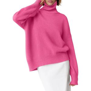 imageANRABESS Womens Turtleneck Sweaters Long Sleeve Oversized Chunky Knit High Low Hem Pullover Sweater Top 2025 Fall OutfitsHot Pink