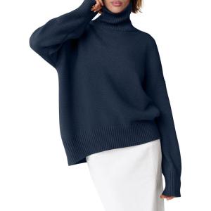imageANRABESS Womens Turtleneck Sweaters Long Sleeve Oversized Chunky Knit High Low Hem Pullover Sweater Top 2025 Fall OutfitsNavy Blue