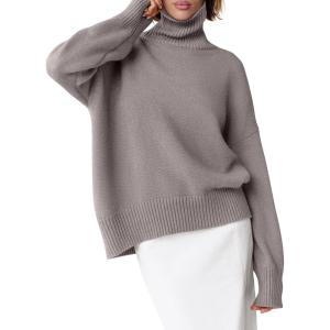 imageANRABESS Womens Turtleneck Sweaters Long Sleeve Oversized Chunky Knit High Low Hem Pullover Sweater Top 2025 Fall OutfitsPurple Taupe