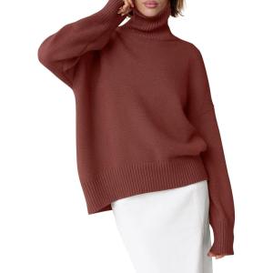 imageANRABESS Womens Turtleneck Sweaters Long Sleeve Oversized Chunky Knit High Low Hem Pullover Sweater Top 2025 Fall OutfitsRust