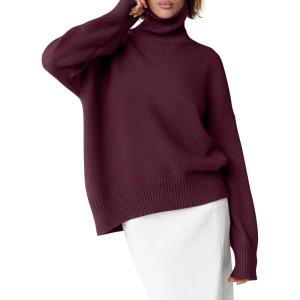 imageANRABESS Womens Turtleneck Sweaters Long Sleeve Oversized Chunky Knit High Low Hem Pullover Sweater Top 2025 Fall OutfitsWine Red