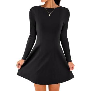 imageANRABESS Womens Long Sleeve ALine Mini Dress 2025 Fall Boat Neck Semi Formal Fit and Flare Casual Business Short DressesBlack