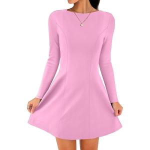 imageANRABESS Womens Long Sleeve ALine Mini Dress 2025 Fall Boat Neck Semi Formal Fit and Flare Casual Business Short DressesPink