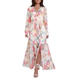 imageANRABESS Womens Long Sleeve Floral Maxi Dress Boho Flowy Wrap Slit V Neck Beach Fall Wedding Guest Party Vacation DressesFloral Pink