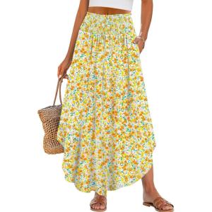 imageANRABESS Womens Maxi Skirts Summer Boho Floral High Waisted Flowy Swing Pleated Beach Long Skirt with PocketsFloral Red Yellow