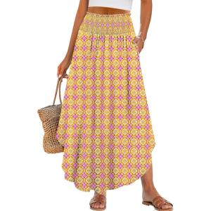 imageANRABESS Womens Maxi Skirts Summer Boho Floral High Waisted Flowy Swing Pleated Beach Long Skirt with PocketsFloral Yellow Purple