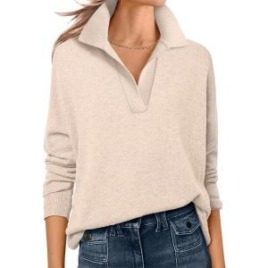 imageANRABESS Womens Polo V Neck Long Sleeve Sweaters Lightweight Dressy Casual Business Basic Knit Pullover Top 2025 Fall OutfitsAlmond