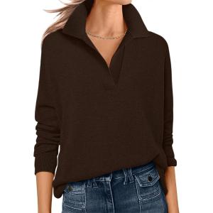 imageANRABESS Womens Polo V Neck Long Sleeve Sweaters Lightweight Dressy Casual Business Basic Knit Pullover Top 2025 Fall OutfitsCoffee
