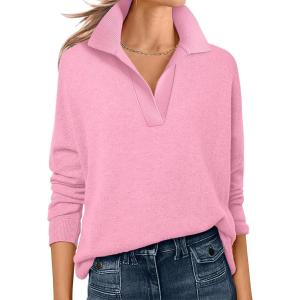 imageANRABESS Womens Polo V Neck Long Sleeve Sweaters Lightweight Dressy Casual Business Basic Knit Pullover Top 2025 Fall OutfitsPink