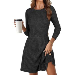 imageANRABESS Womens Long Sleeve Ribbed Knit Sweater Dresses 2025 Fall Winter Casual Lounge Short Tunic Dress with Pockets ButtonsBlack