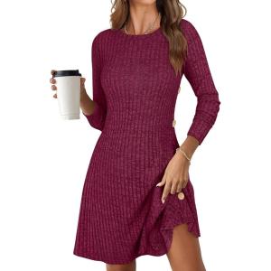 imageANRABESS Womens Long Sleeve Ribbed Knit Sweater Dresses 2025 Fall Winter Casual Lounge Short Tunic Dress with Pockets ButtonsBurgundy