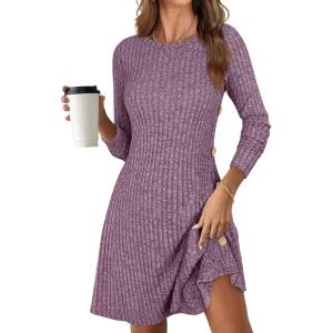 imageANRABESS Womens Long Sleeve Ribbed Knit Sweater Dresses 2025 Fall Winter Casual Lounge Short Tunic Dress with Pockets ButtonsPurple Mauve