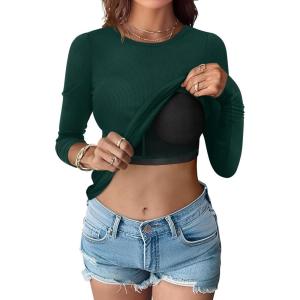 imageANRABESS Women Long Sleeve Shirts Builtin Bra Crewneck Rib Knit Slim Fit Basic Tee Tops 2025 Fall Casual TShirt Base LayerDeep Green