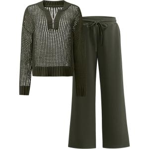 imageANRABESS Womens 2 Piece Outfits 2025 Fall Crochet Knit Half Zip Sweater Top Wide Leg Pant Travel Matching Sets Lounge ClothesArmy Green