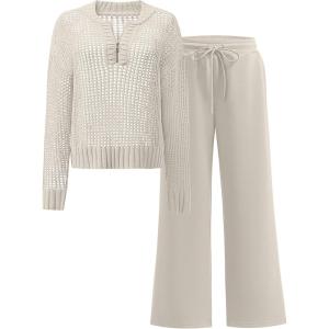 imageANRABESS Womens 2 Piece Outfits 2025 Fall Crochet Knit Half Zip Sweater Top Wide Leg Pant Travel Matching Sets Lounge ClothesLight Tan