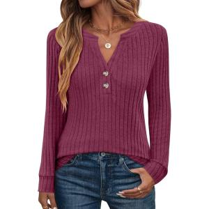 imageANRABESS Womens Long Sleeve Henley Shirts 2025 Fall Tunic Tops Ribbed Knit Lightweight Sweaters Dressy Casual Blouse OutfitsBurgundy
