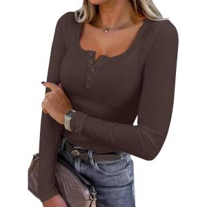 imageANRABESS Womens Long Sleeve Henley Tops Ribbed Knit Slim Fitted Trendy T Shirt Basic Tees Layer 2025 Fall Fashion OutfitsDeep Brown