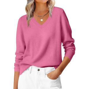 imageANRABESS Womens Long Sleeve V Neck Sweaters 2025 Fall Casual Classic Soft Loose Fit Basic Pullover Jumper TopHot Pink