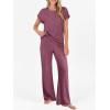 imageANRABESS Lounge Sets For Women Fall Ribbed Knit 2 Piece Pajama Sets Casual Short Sleeve Top and Long Pants Matching OutfitsDark Red
