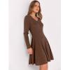 imageANRABESS Women Long Sleeve Ribbed Knit Short Dresses 2025 Fall Winter V Neck Casual Swing A Line Sweater DressBrown