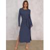 imageANRABESS Womens 2025 Fall Long Sleeve Maxi Dress Crewneck Tie Waist Slit Casual Work Long T Shirt Dresses Trendy OutfitsDark Blue