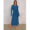 imageANRABESS Womens 2025 Fall Long Sleeve Maxi Dress Crewneck Tie Waist Slit Casual Work Long T Shirt Dresses Trendy OutfitsDeep Blue