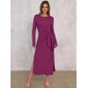 imageANRABESS Womens 2025 Fall Long Sleeve Maxi Dress Crewneck Tie Waist Slit Casual Work Long T Shirt Dresses Trendy OutfitsDeep Purple