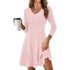 imageANRABESS Women Long Sleeve Ribbed Knit Short Dresses 2025 Fall Winter V Neck Casual Swing A Line Sweater DressPink
