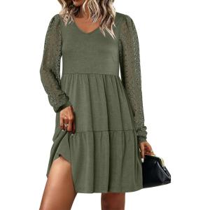imageANRABESS Dresses for Women Casual Lace Long Sleeve V Neck Tiered Swing Flowy Loose Aline Mini Short 2025 Fall Vacation DressArmy Green