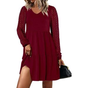 imageANRABESS Dresses for Women Casual Lace Long Sleeve V Neck Tiered Swing Flowy Loose Aline Mini Short 2025 Fall Vacation DressBurgundy