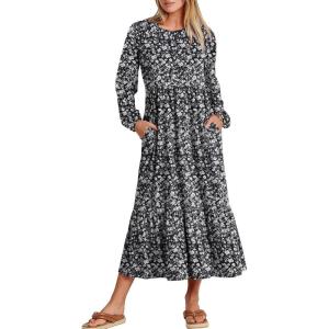 imageANRABESS Long Sleeve Midi Dresses for Women Casual 2025 Fall Crewneck A Line Tiered Flowy Loose Trendy Dresses with PocketsFloral Black