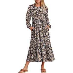 imageANRABESS Long Sleeve Midi Dresses for Women Casual 2025 Fall Crewneck A Line Tiered Flowy Loose Trendy Dresses with PocketsFloral Navy Blue Pink
